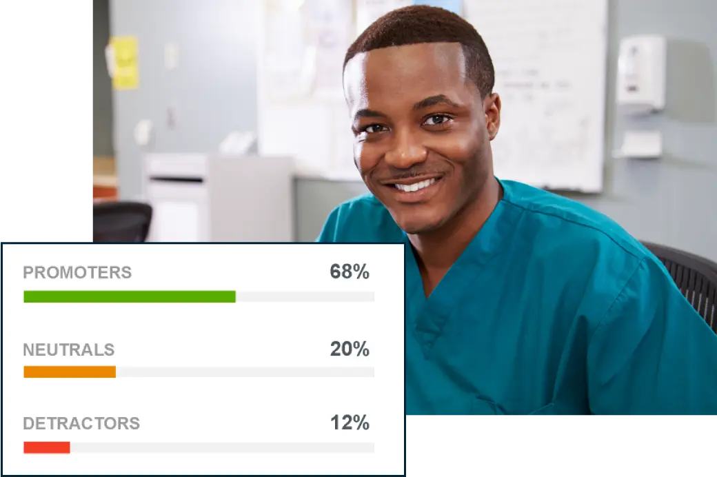 Smiling male healthcare worker in aqua-colored scrubs.